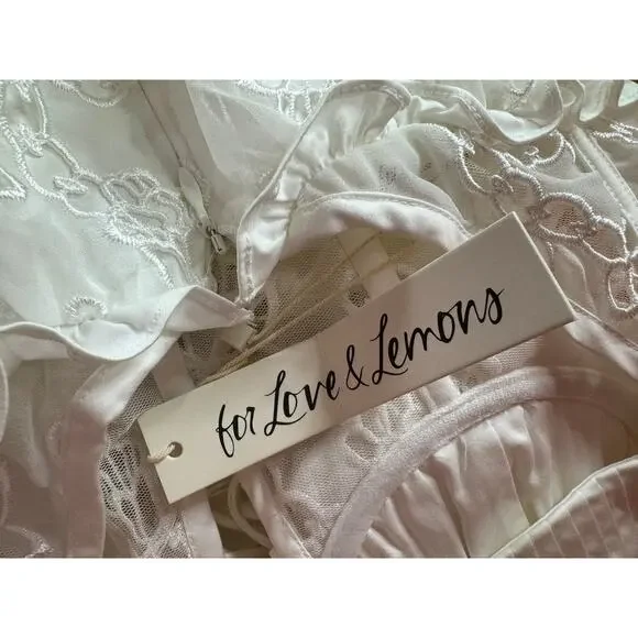 For Love & Lemons Romi Midi‎ Dress in White Small Floral Eyelet Puff Sleeve